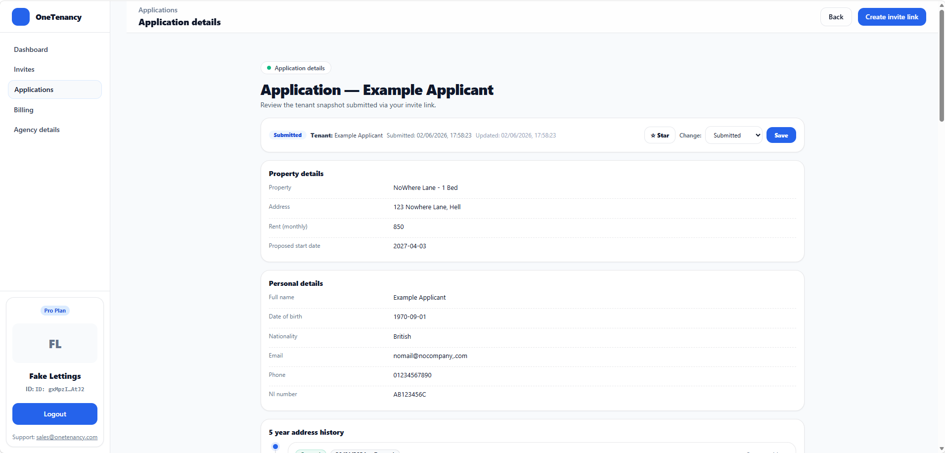 OneTenancy application management dashboard